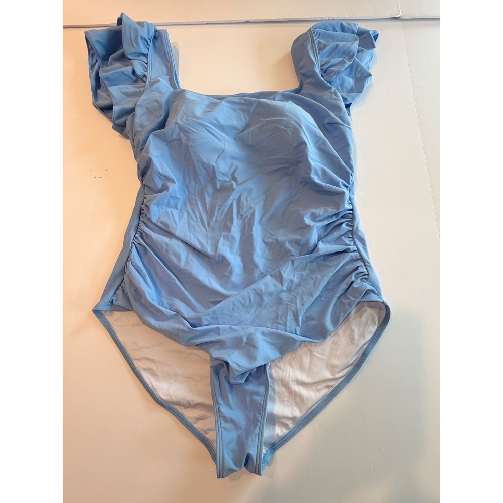 EOMENIE Womens Ruffle Sleeve Ruched One‎ Piece Swimsuit Light Blue 2XL NEW